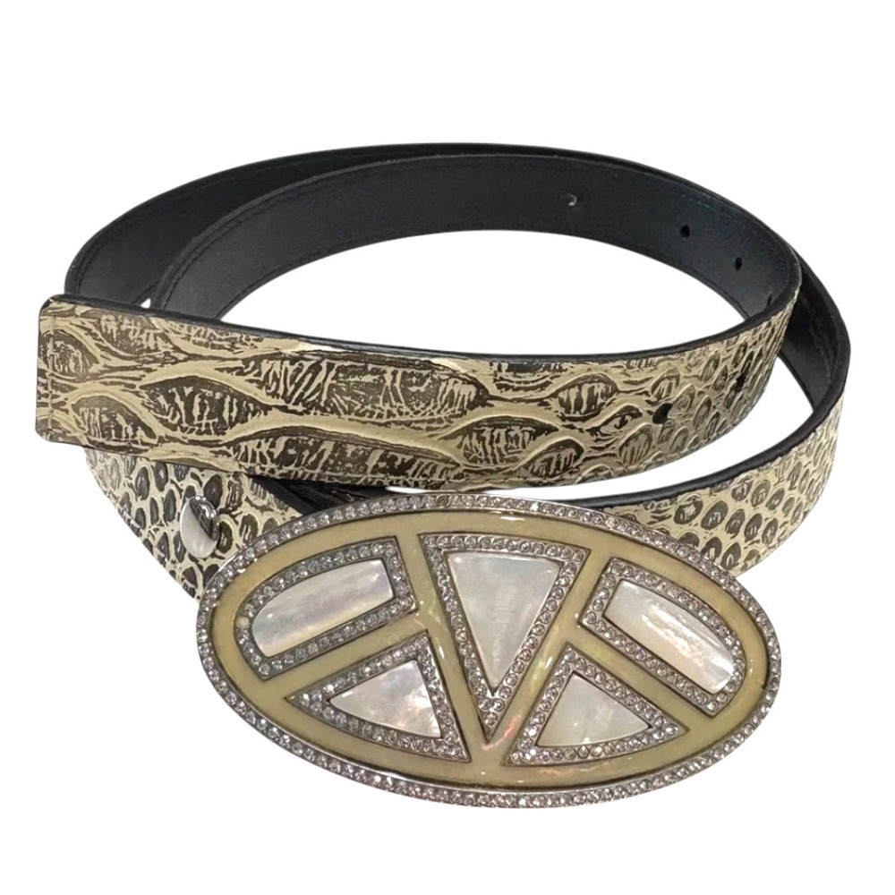 CABI LEATHER BELT Embossed Croc/Snake BEIGE/GRAY Crystal Mother/Pearl Buckle S